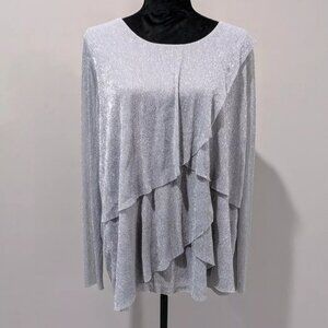 Chico's Travelers Size 3 Large Liquid Shimmer Layered Top Blouse SILVER Stretch